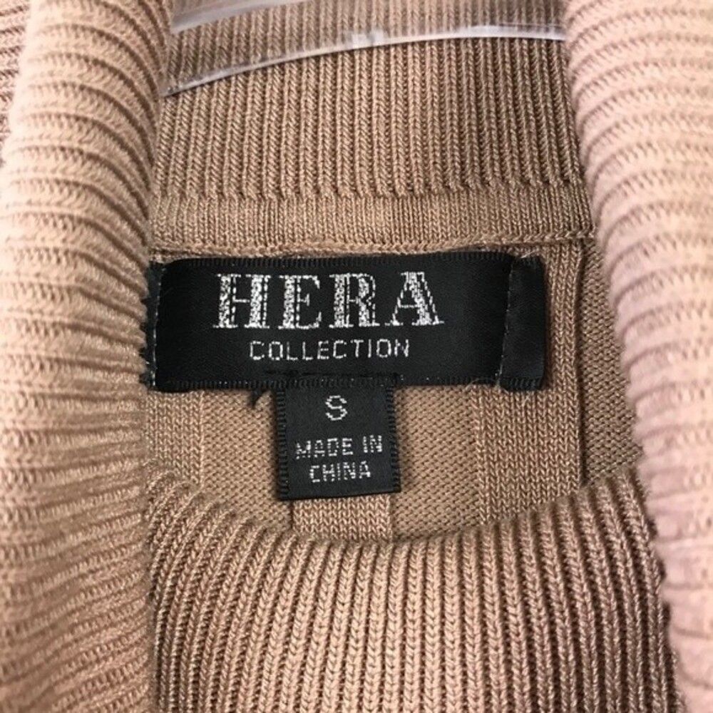 HERA Collection Ribbed Cold Shoulder Midi Knit Dress S Tan Beige Stretch Bodycon - Picture 5 of 10